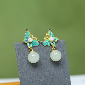 A Pair of Exquisite Sterling Silver-Gold Plated Inlaid White Jade Enamel Earrings,Inlaid Pearls
