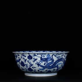A Huge Blue and White Lotus and Dragon Pattern Bowl