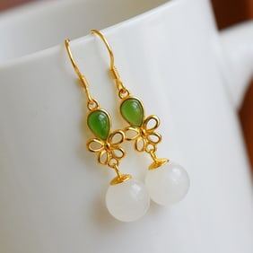 A Pair of Exquisite Sterling Silver-Gold Plated Inlaid White Jade Earrings