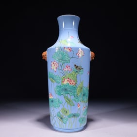An Exquisite Blue Ground Famille-Rose Painted Gold Flower and Bird Pattern Beast-Ears Vase,with poem