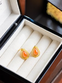 A Pair of Exquisite Sterling Silver-Gold Plated Inlaid Agate Earrings