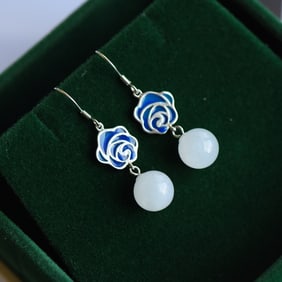 A Pair of Exquisite Sterling Silver Inlaid White Jade Earrings