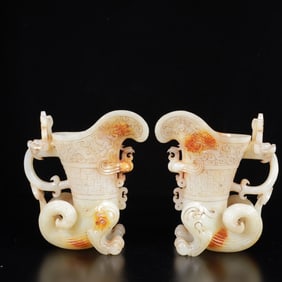 A Pair of Exquisite White Jade Dragon and Phoenix Cups
