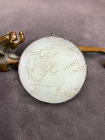 An Exquisite Silver Inlaid White Jade Landscape and Monkey Pattern Pendant,with poem