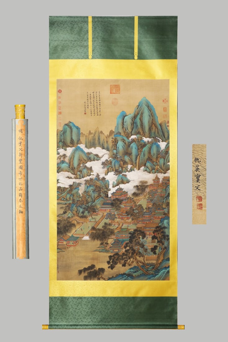 A Chinese Vertical Scroll Ink Painting of Landscape and Figure on Silk,Chou Ying: A Chinese Vertical Scroll Ink Painting of Landscape and Figure on Silk,Chou Ying,Size:(Without frame)71.3inx39in 一幅中国水墨绢本山水人