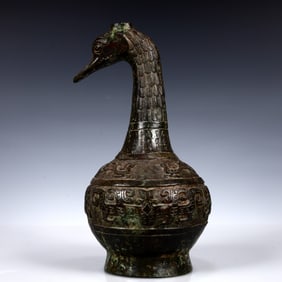 A Rare Bronze Duck-Shaped Vase,With Inscription