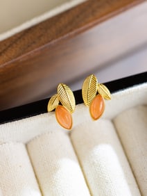 A Pair of Exquisite Sterling Silver-Gold Plated Inlaid Agate Earrings