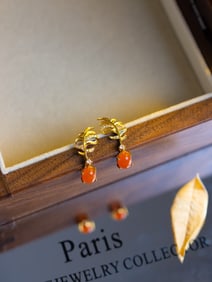 A Pair of Exquisite Sterling Silver-Gold Plated Inlaid Agate Earrings, Inlaid Diamond