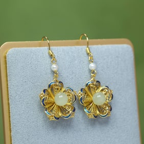 A Pair of Exquisite Sterling Silver-Gold Plated Inlaid White Jade Enamel Earrings,Inlaid Pearls
