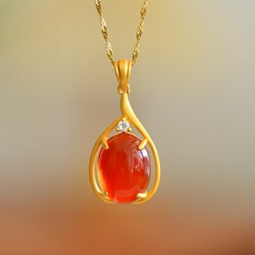 An Exquisite Sterling Silver-Gold Plated Inlaid Red Agate Necklace,Inlaid Diamond