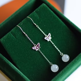 A Pair of Exquisite Sterling Silver Inlaid White Jade Enamel Earrings