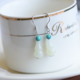 A Pair of Exquisite Sterling Silver Inlaid White Jade Gourd Earrings,Inlaid Turquoise