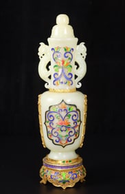 An Exquisite Cloisonne Inlaid White Jade Lotus Pattern Double-Ears Bottle