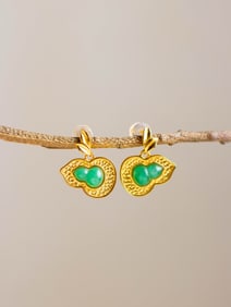 A Pair of Exquisite Sterling Silver-Gold Plated Inlaid Jadeite Gourd Earrings