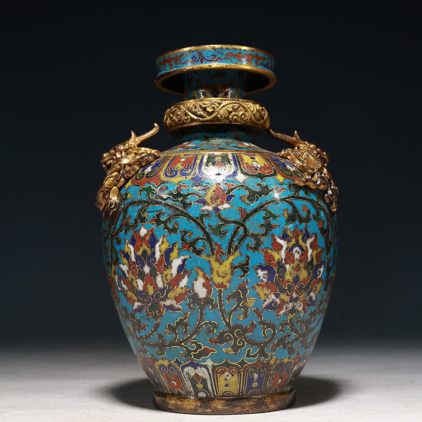 An Exquisite Cloisonne Lotus Pattern Dragon-Ears Vase: An Exquisite Cloisonne Lotus Pattern Dragon-Ears Vase,Ming Dynasty, China,Jingtai Six-character Mark,Size:5.1inx7.5in,Weight:1250g
