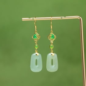 A Pair of Exquisite Sterling Silver-Gold Plated Inlaid White Jade Enamel Earrings,Inlaid Pearls