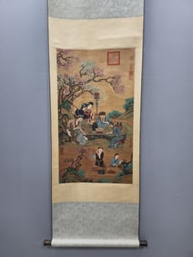 A Chinese Vertical Scroll Ink Painting of Landscape and Figure on Silk,Chou Ying