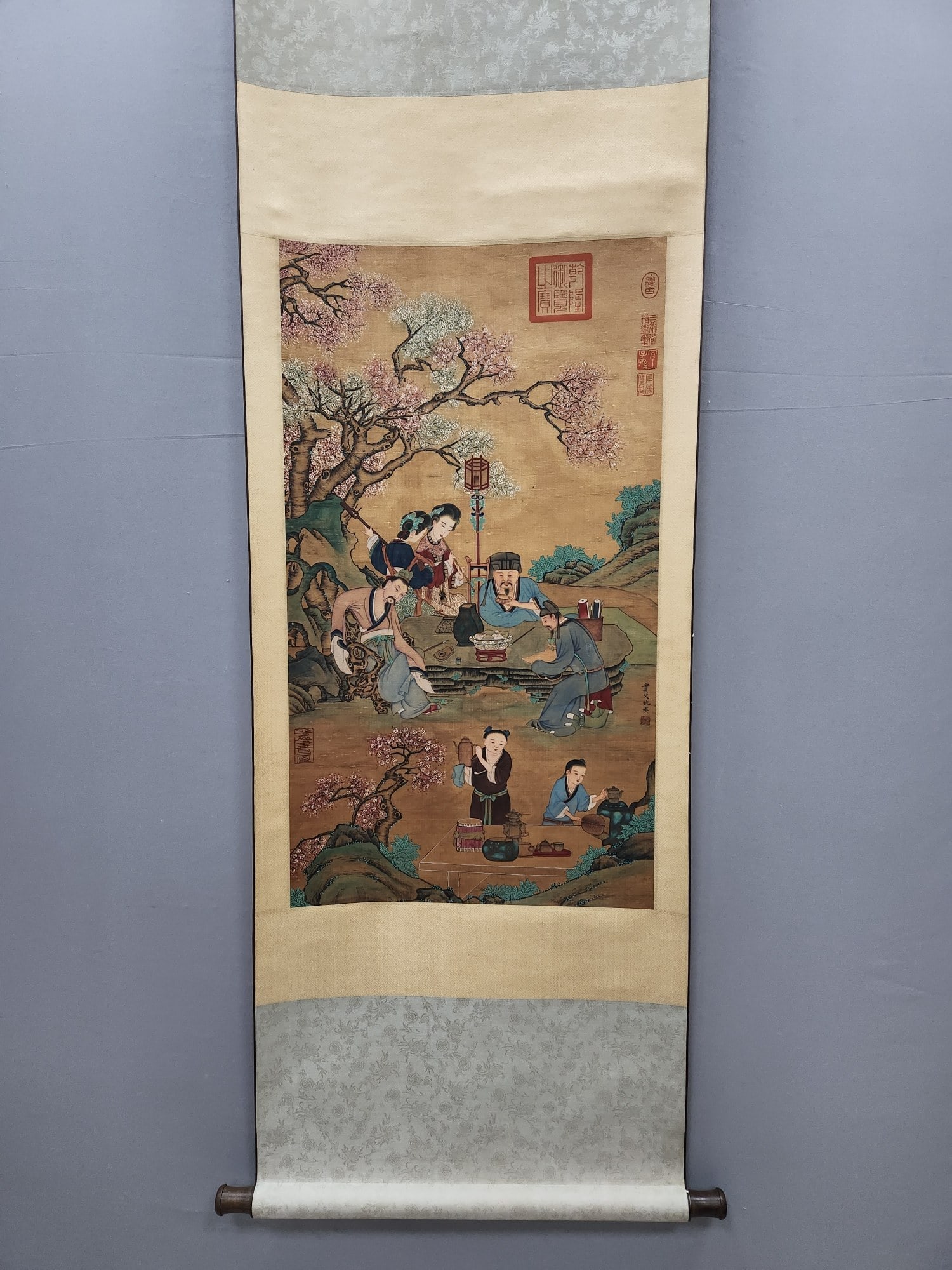 A Chinese Vertical Scroll Ink Painting of Landscape and Figure on Silk,Chou Ying: A Chinese Vertical Scroll Ink Painting of Landscape and Figure on Silk,Chou Ying,Size:(Without frame)33.5inx18.9in