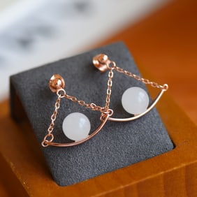 A Pair of Exquisite Sterling Silver-Gold Plated Inlaid White Jade Earrings