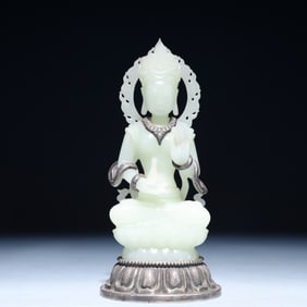 An Exquisite White Jade Covered silver Buddha Statue