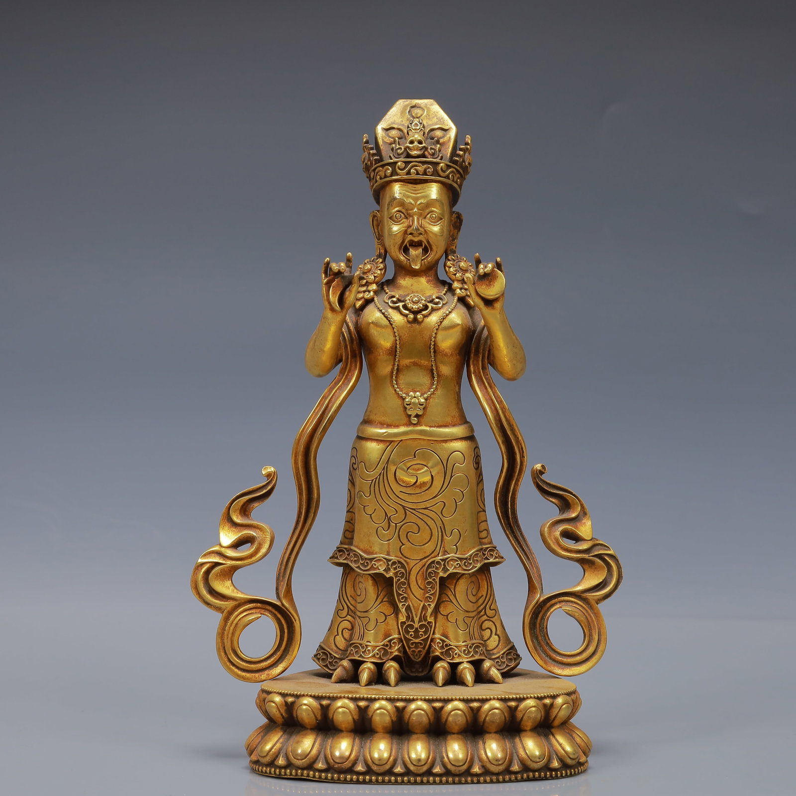 An Exquisite Gilt Bronze Statue of Dakini: An Exquisite Gilt Bronze Statue of Dakini,Ming Dynasty, China,Yongle Six-character Mark,Size:5.5inx3.1inx8.3in,Weight:1050g