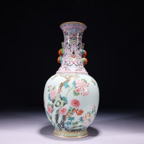 An Exquisite Famille-Rose Painted Gold Flower Pattern Double-Ears Vase,with poem