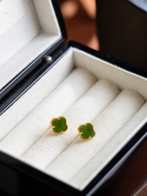 A Pair of Exquisite Sterling Silver-Gold Plated Inlaid Jasper Earrings