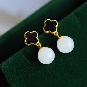 A Pair of Exquisite Sterling Silver-Gold Plated Inlaid White Jade Earrings