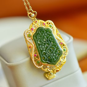 An Exquisite Sterling Silver-Gold Plated Inlaid Jasper Necklace,Inlaid Diamond