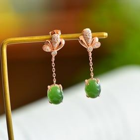 A Pair of Exquisite Sterling Silver-Gold Plated Inlaid Jasper Earrings,Inlaid Diamond