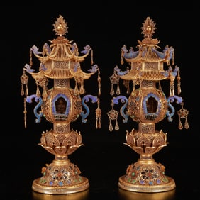 A Pair of Rare Cloisonne Gilt Pagoda Ornaments,Inlaid Gems