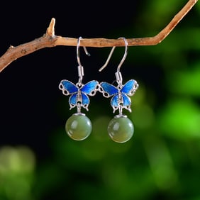 A Pair of Exquisite Sterling Silver Inlaid Sapphire Enamel Earrings,Inlaid Pearls