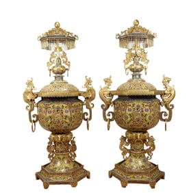 A Pair of Huge Cloisonne Lotus Pattern Dragon and Phoenix Ears Censers