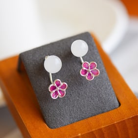 A Pair of Exquisite Sterling Silver Inlaid White Jade Earrings