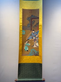 A Chinese Vertical Scroll Ink Painting of Character and Story on Silk,Liu Songnian