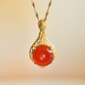 An Exquisite Sterling Silver-Gold Plated Inlaid Red Agate Necklace,Inlaid Diamond