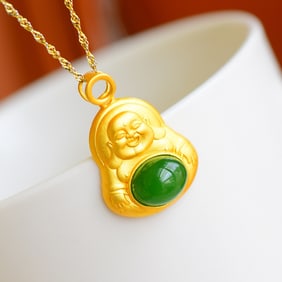 An Exquisite Sterling Silver-Gold Plated Inlaid Jasper Statue of Maitreya Buddha Necklace