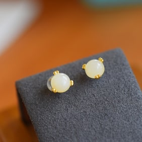 A Pair of Exquisite Sterling Silver-Gold Plated Inlaid White Jade Earrings