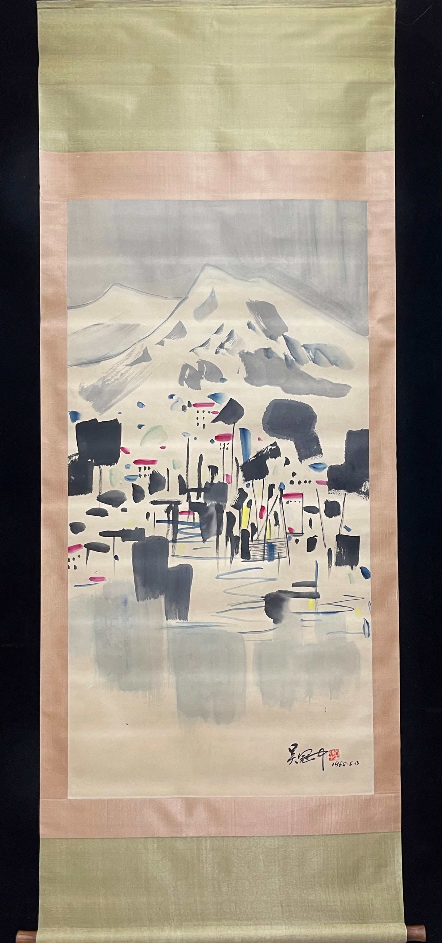 A Chinese Vertical Scroll Ink Painting of Landscape on Paper,Wu Guanzhong: A Chinese Vertical Scroll Ink Painting of Landscape on Paper,Wu Guanzhong,Size:26.8inx53.9in 一幅中国水墨山水画立轴,吴冠&#