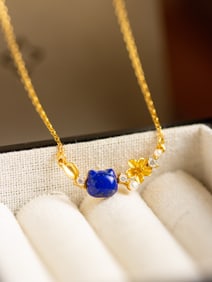 An Exquisite Sterling Silver-Gold Plated Inlaid Lapis Lazuli Pendant, Inlaid Diamond and Pearls