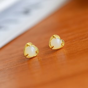 A Pair of Exquisite Sterling Silver-Gold Plated Inlaid White Jade Earrings