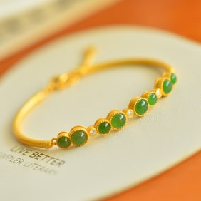 An Exquisite Sterling Silver-Gold Plated Inlaid Jasper Bracelets,Inlaid Diamond