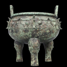 A Rare Bronze Beast-Face Pattern Double-Ears and Tripod Censer,With Inscription