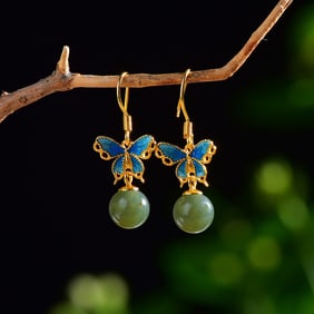 A Pair of Exquisite Sterling Silver-Gold Plated Inlaid Sapphire Enamel Earrings,Inlaid Pearls