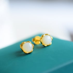 A Pair of Exquisite Sterling Silver-Gold Plated Inlaid White Jade Earrings