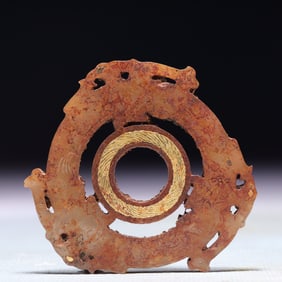 An Exquisite Archaic Jade Inlaid Gold Pendant