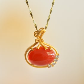 An Exquisite Sterling Silver-Gold Plated Inlaid Red Agate Necklace,Inlaid Diamond