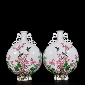 A Pair of Exquisite Enamel Painted Gold Flower and Bird Pattern Dragon-Ears Vases,With Poem
