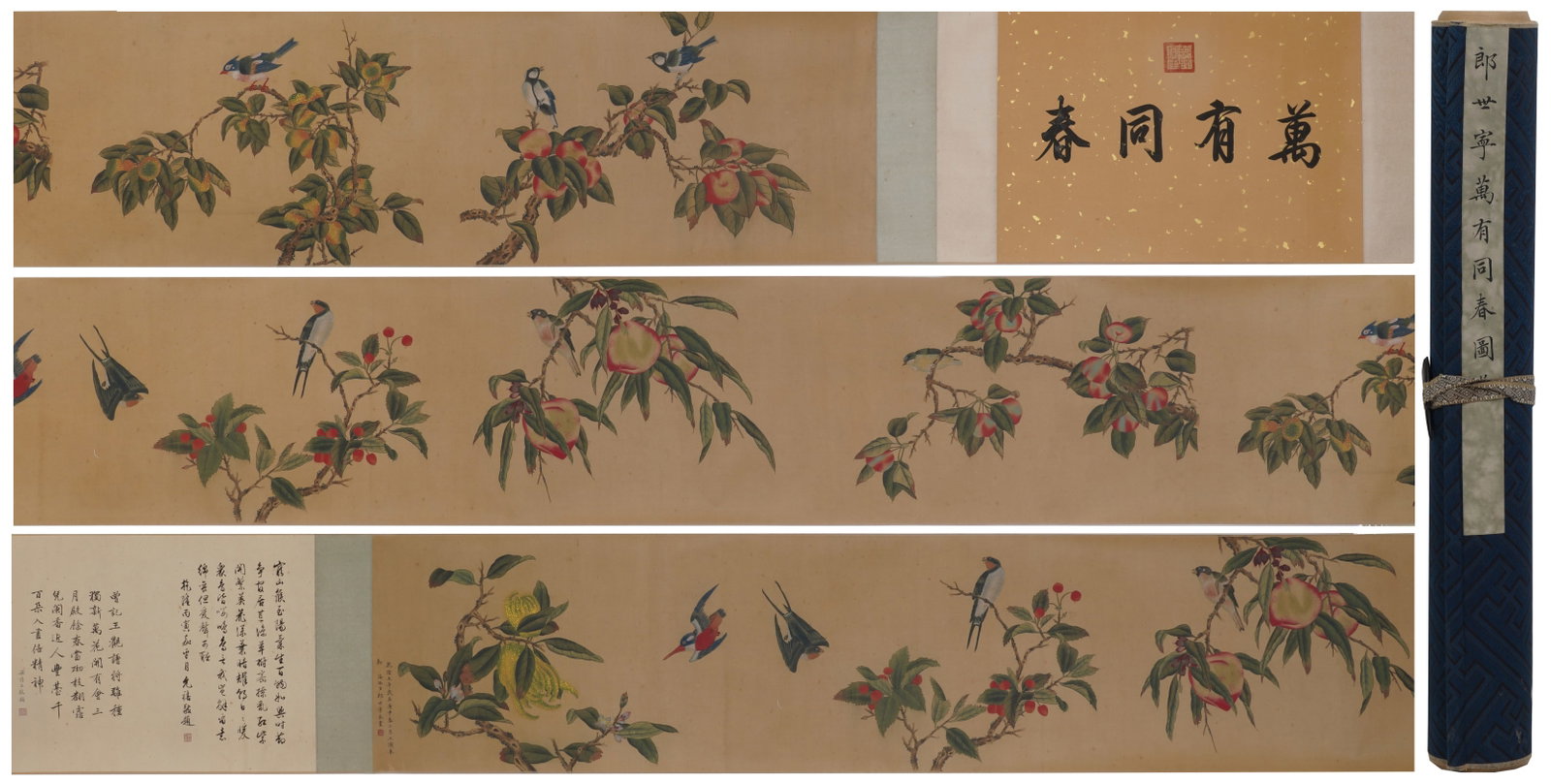 A Chinese Hand Scroll Ink Painting of Flower and Bird on Silk: A Chinese Hand Scroll Ink Painting of Flower and Bird on Silk,Lang Shining,Size:16.5inx236.2in 一幅中国水墨绢本花鸟画手卷,