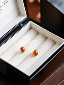 A Pair of Exquisite Sterling Silver-Gold Plated Inlaid Agate Earrings